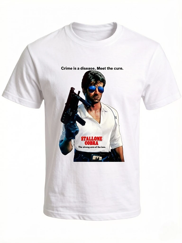 Men'S Cobra Stallone 80S Action Film Graphic Tee Black Featuring Striking Classic Movie Artwork Fit Short Sleeve Shirt