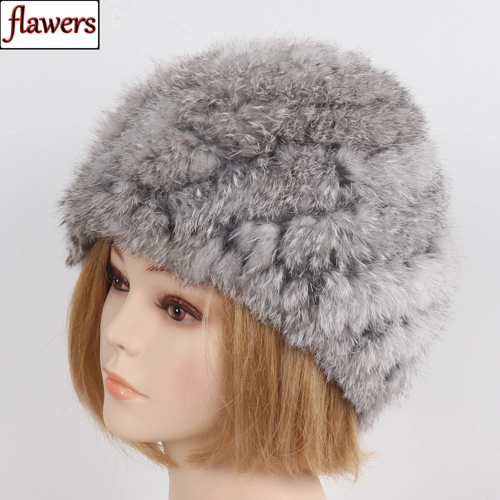 

New Fashion Russian Female Knit Natural Rabbit Fur Beanies Cap Women Winter Fluffy Real Rabbit Fur Hats Good Elastic Knitted Cap