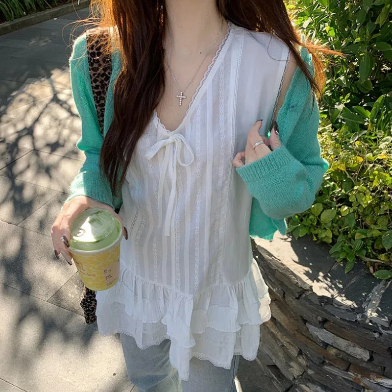 Sleeveless Lace Patchwork Korean Vest Summer Solid Loose All-match Youth Fashion T Shirt Tops Sweet Elegant Trend Women Clothing