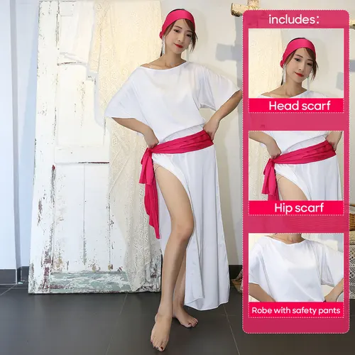 Imagen 2 del producto Bata de danza del vientre con pantalones de seguridad, traje de bufanda para la cadera y la cabeza, conjunto de traje de baile blanco suelto y ajustado, ropa de entrenamiento de práctica