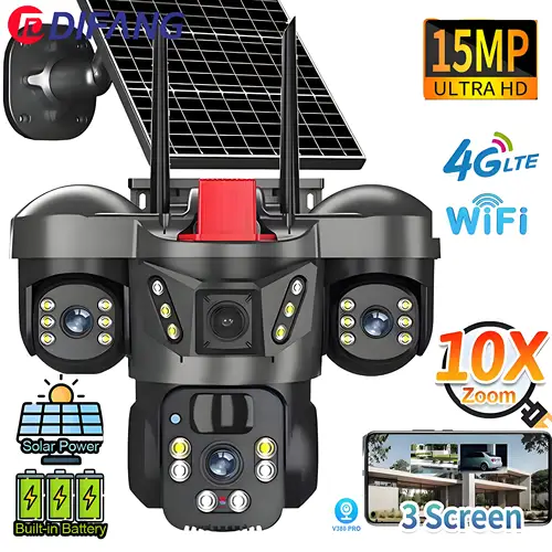 Imagen 1 del producto Cámara Solar inalámbrica WiFi de 8K y 15MP, tres lentes, tres pantallas, tarjeta Sim 4G, cámara Solar, detección humana, vigilancia Solar al aire libre V380 Cámara de Seguridad Solar para Exteriores, Cámara de Vigilanc