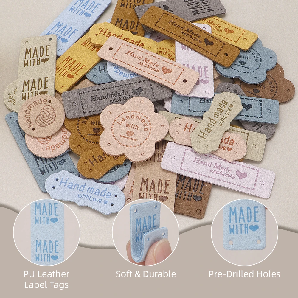 50Pcs PU Leather Handmade Tags, 5 Different Styles & 10 Colors Labels for Knitting DIY Hats Scarves Gloves Bags Shoes Jeans view 6