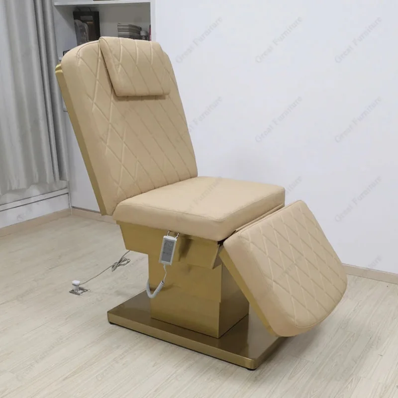 Modern Yellow PU Leather Gold Stainless Steel Base Spa Bed Adjustable Lash Massage Table