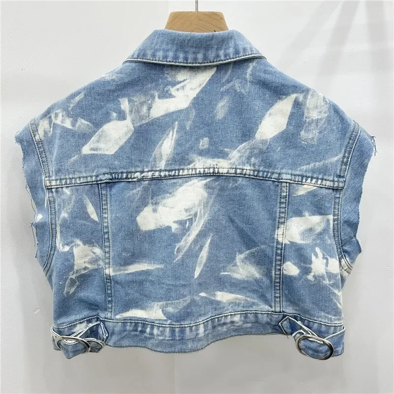 

Summer Vintage Tie-Dye Denim Vest Women Blue Gray Big Pocket Irregular Hem Lapel Sleeveless Cowboy Waistcoat Streetwear