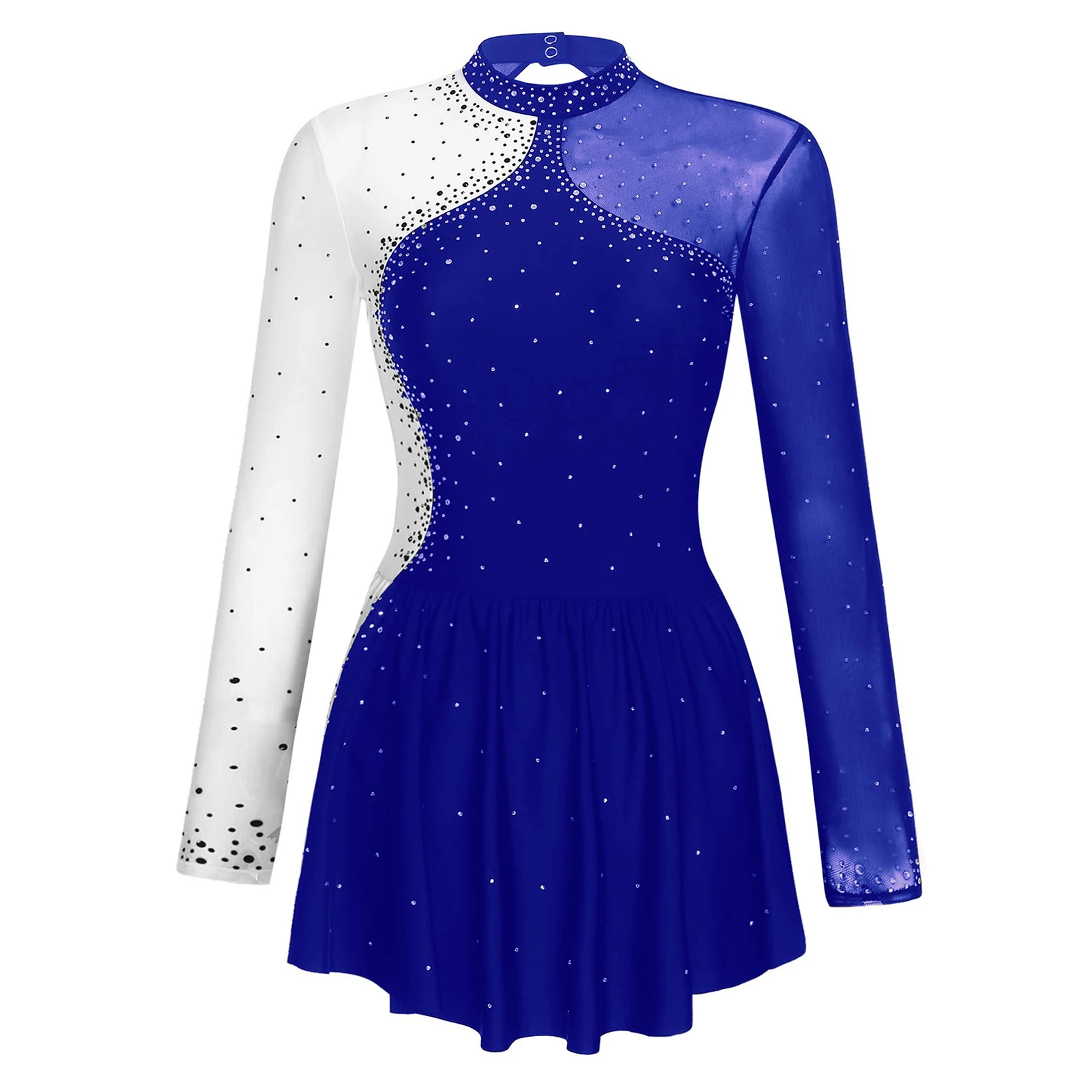 Vestido feminino de patinação artística com strass collant manga longa, macacão de ginástica, brilhante balé, traje de competição show