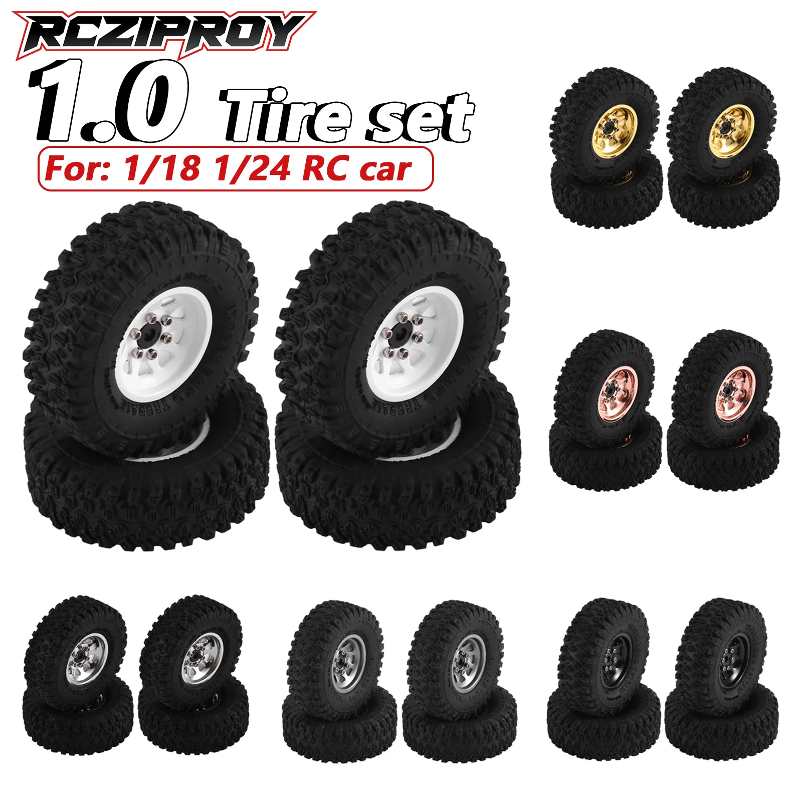 

RCZIPROY 4PCS 1.0 inch RC Tire & Wheel Set for1/18 1/24 RC Car Micro Racing DIY Axial SCX24/FCX24 1/24 Crawler Upgrade