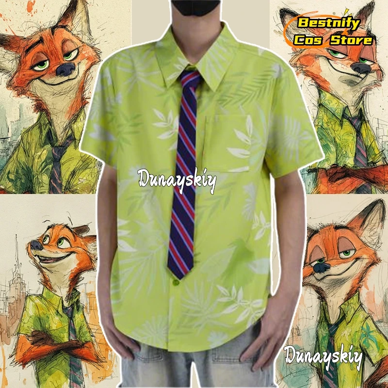 

Костюм рубашки для косплея Fox Nick Wilde {Bestnify Cos}Летняя повседневная футболка Зеленая и розовая рубашка с галстуком Топ наряд унисекс на Хэллоуин