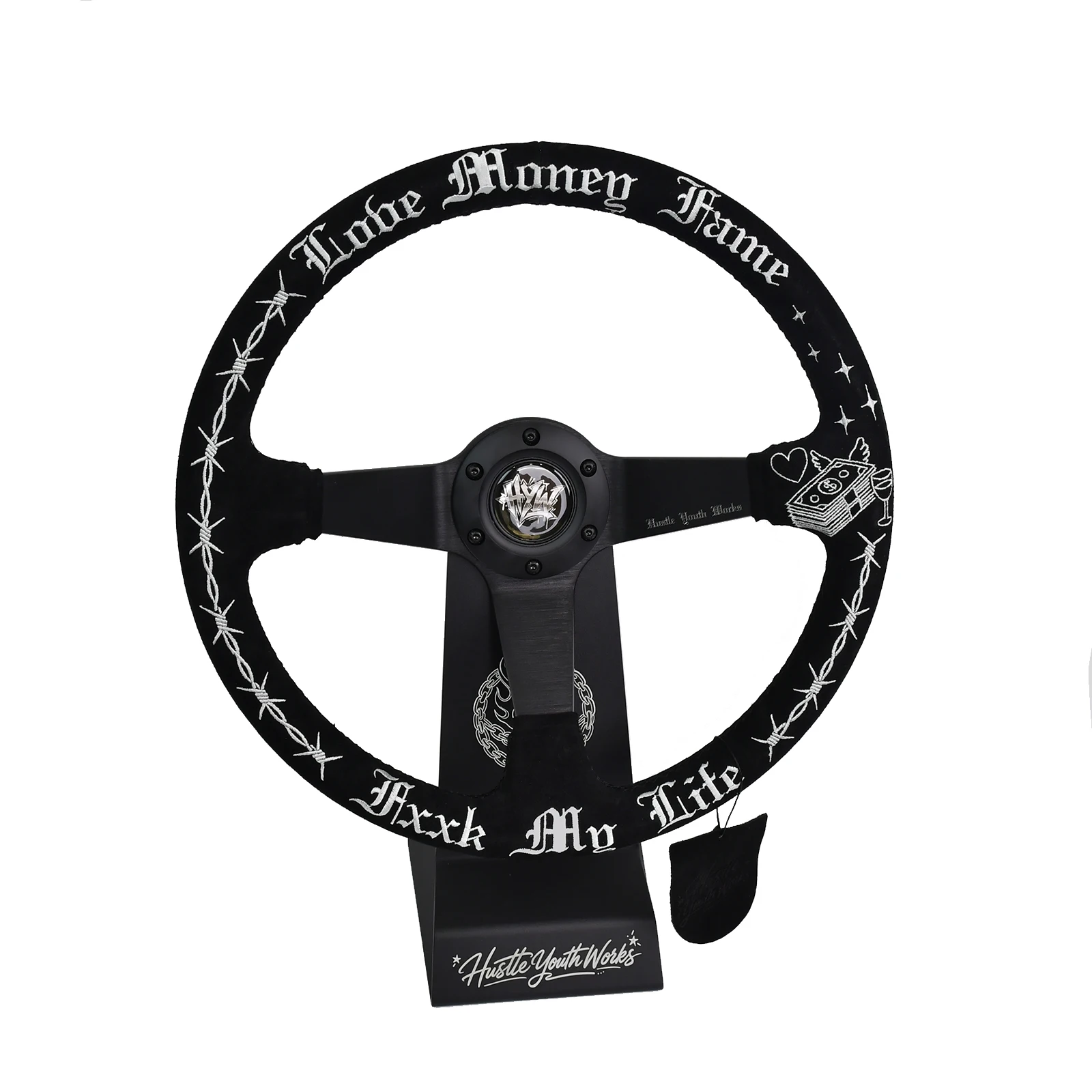 Black Leather Barbed Wire & Gothic Lettering Steering Wheel Universal JDM Deep Dish Steering Wheel
