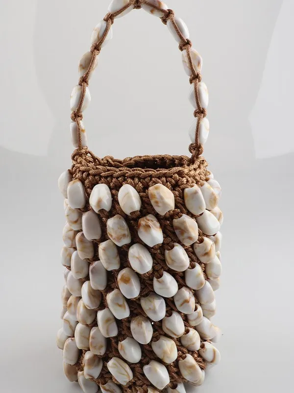 Mini Stone Beaded Women Bag Rope Crochet Bucket Bags for Women Handmade Knitting Woven Bag Purses and Handbags Small Clutch NEW