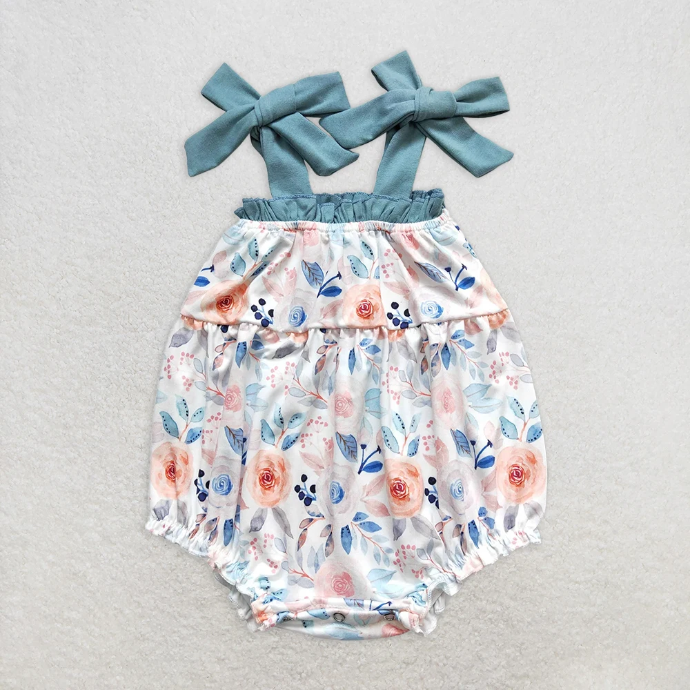 

Baby Girls Floral Summer Romper Dark Blue Straps Suspender Infant Clothing Floral Print Baby Girl Summer Outfit