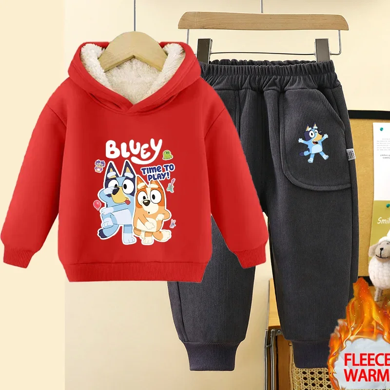 Bluey Bingo Child Winter Sweatshirts Pants Set Boy Girls Fleece Clothes Cartoon Anime Print Warm Comfortable Birthday Party Gift