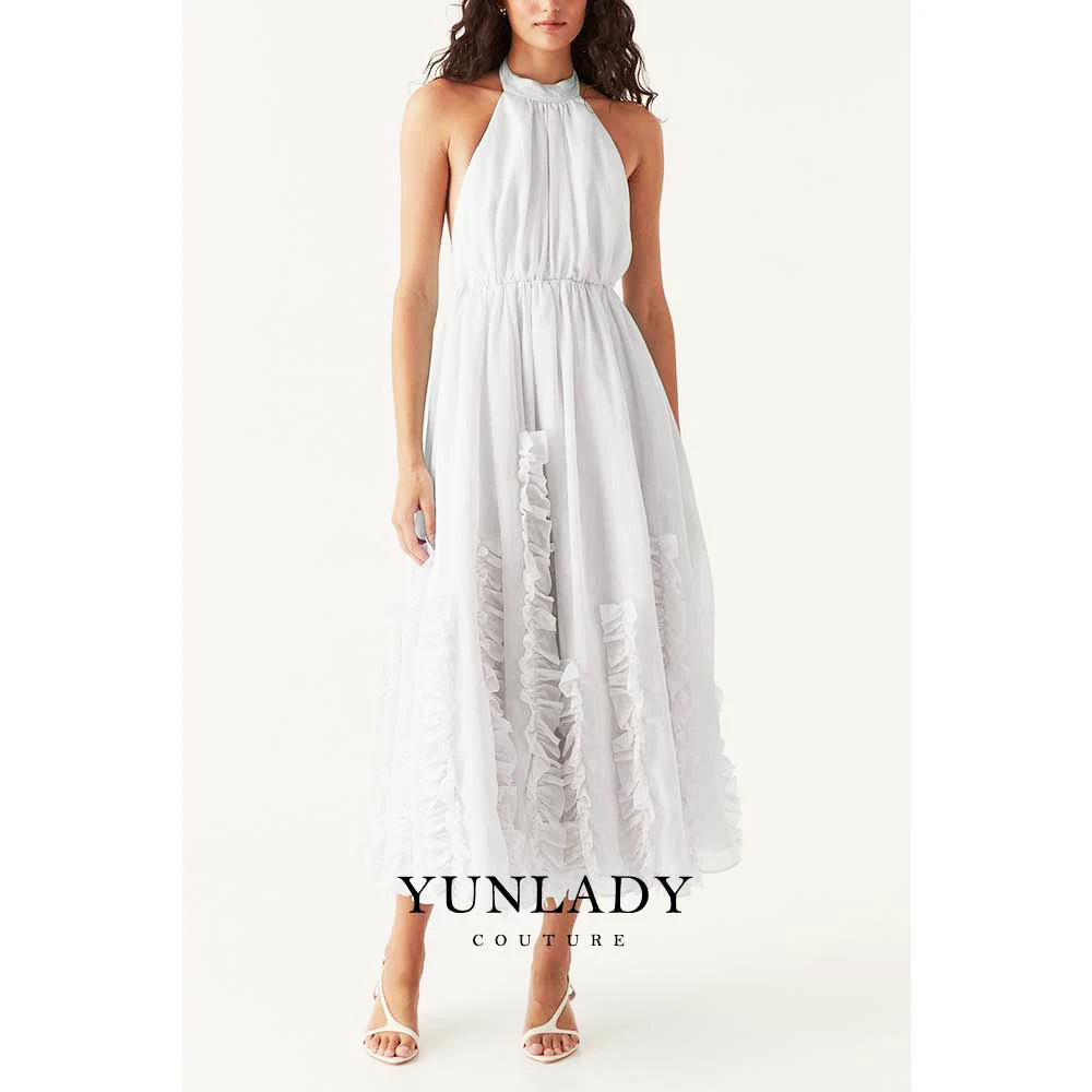 

YUNLAN Elegant Halter Dubai Beige Sleeveless Daily Chiffon Midi Pleated Skirt 2024 Saudi Wedding Guest A-Line Evening Dress