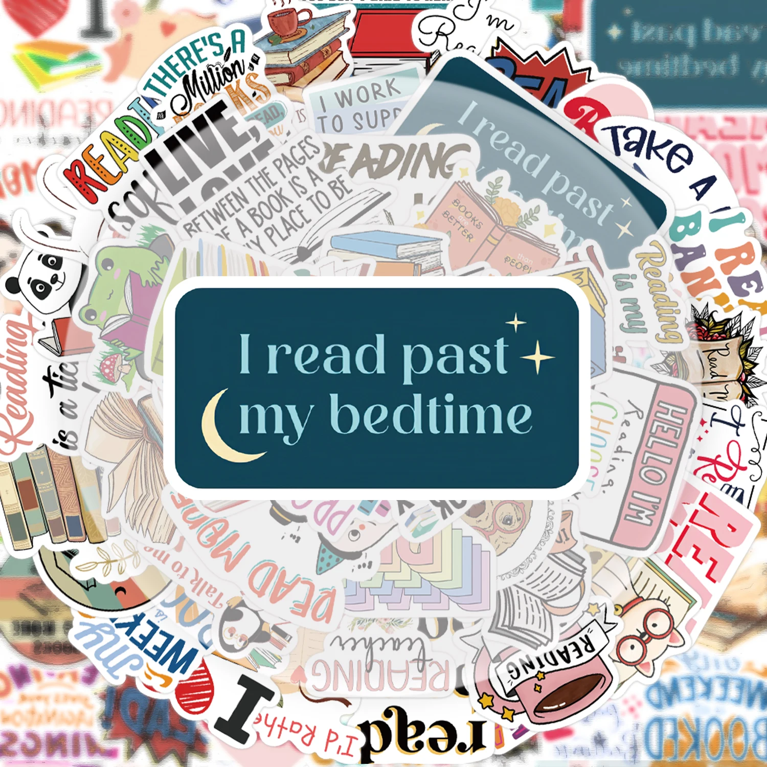 50 Reading-Themed Doodle Stickers, Suitable for Decorating Water Bottles, Laptops, Cell Phones, Suitcases, Skateboards, Guitars, Gift Boxes, and Party Decorations
