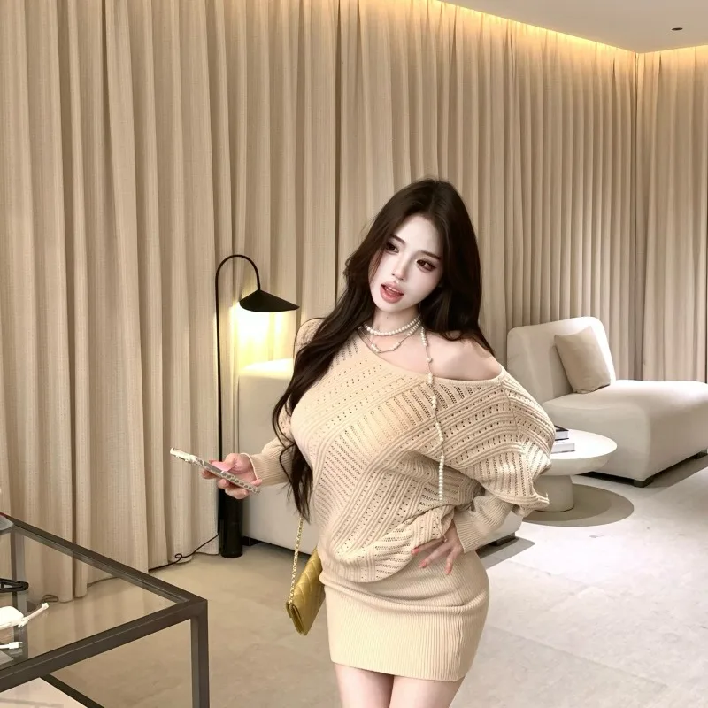 Autumn Winter New Sle Women's Knitted Dr Cowl Ne Long Sve High Waist A-Line  Dr Irregular Design Loose Fit