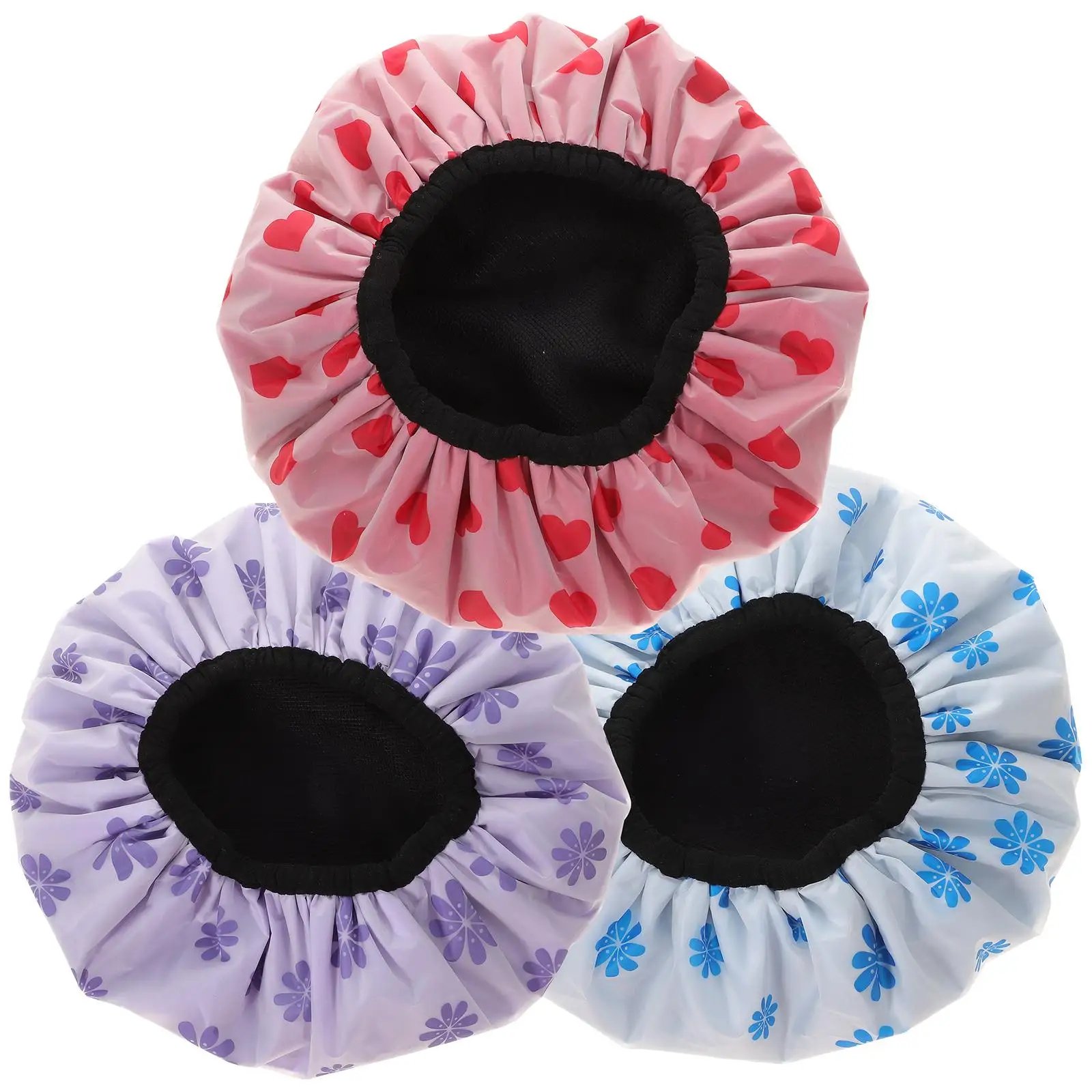 Gorros de ducha impermeables, gorros de baño reutilizables para secado de cabello, ajuste elástico suave, corazón púrpura, corazón rojo, copo de nieve azul, 4 Uds.