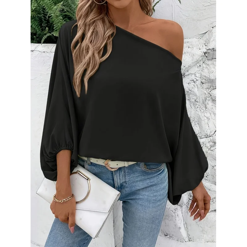 [Off-Shoulder Batwing Top] Women's Solid Color Asymmetrical Off-Shoulder Batwing Loose Casual Comfortable Long Sleeve Top
