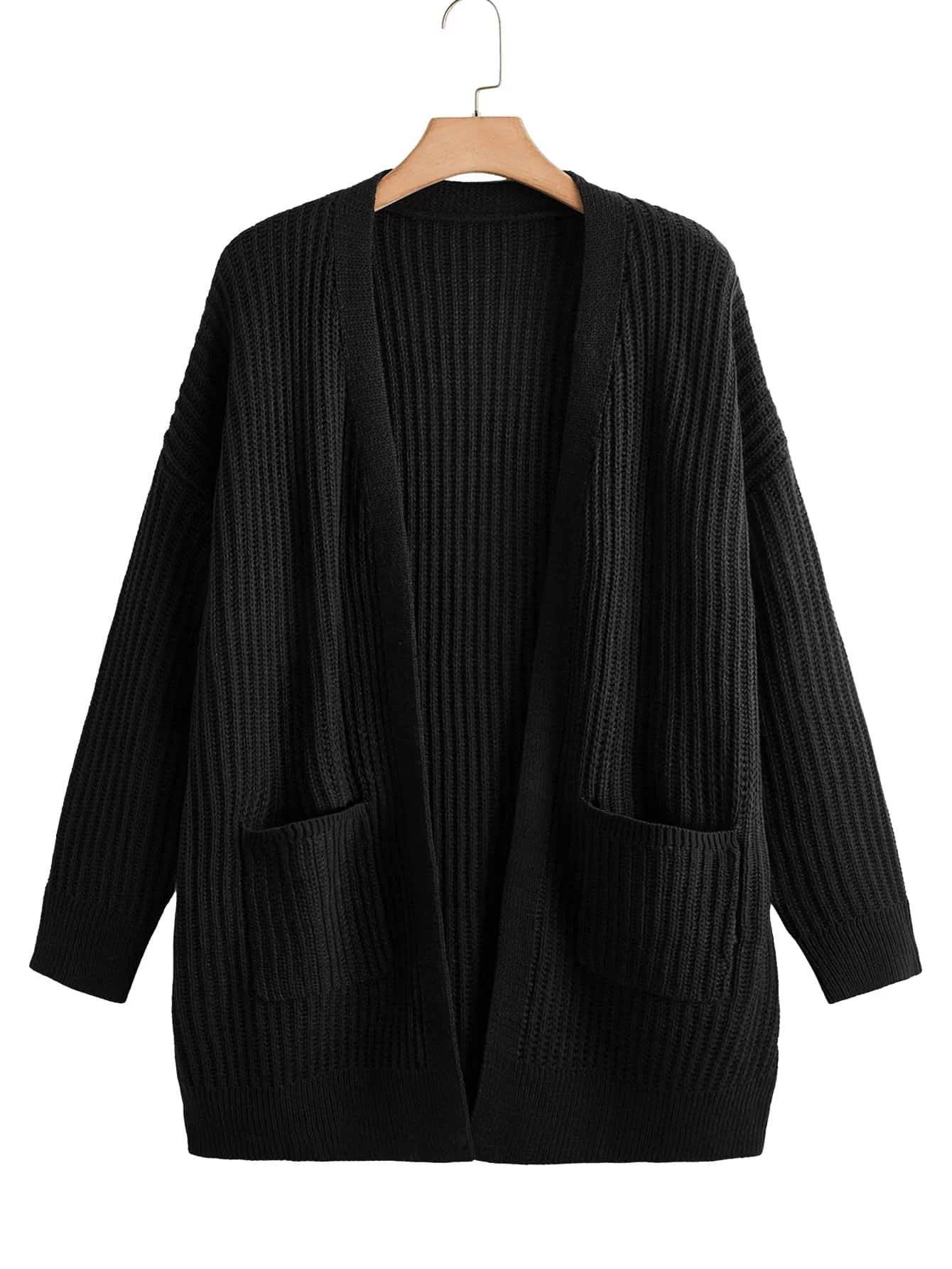 Dames los casual ribgebreid vest met lange mouwen en zakken, zwart, veelzijdig dagelijks gebruik,