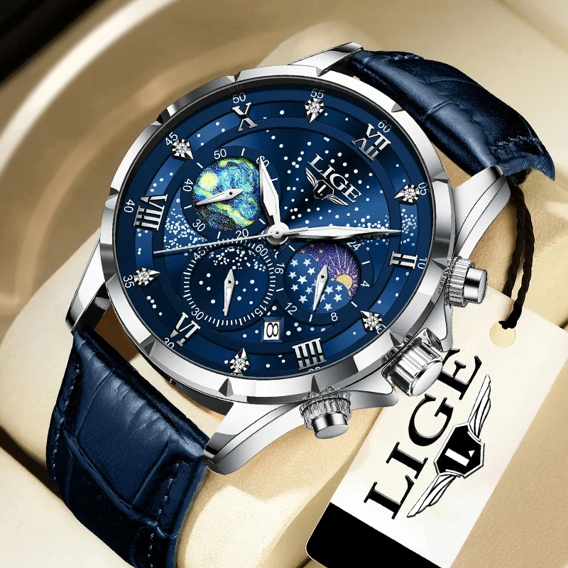 

LIGE Mens Watch Luxury Waterproof Male Clock Moon Phase Date Casual Blue Leather Quartz Wrist Watch Men Chronograph Montre Homme