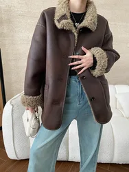 Chaqueta de una pieza de piel suelta de manga larga con solapa de color sólido informal de invierno para mujer