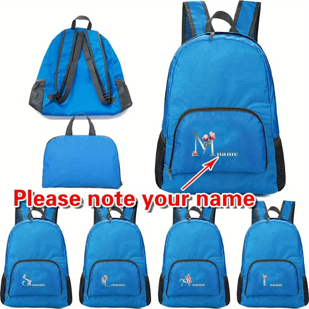 

Personalized Customization Foldable Blue Backpack Large Capacity Camping Bag Lightweight Hiking Backpack Letter Pattern