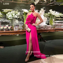 LISM Sexy Fuschia Evening Party Dresses 3D Flower Strapless High Side Split Prom Gowns For Saudi Arabic Women Rode De Sioree