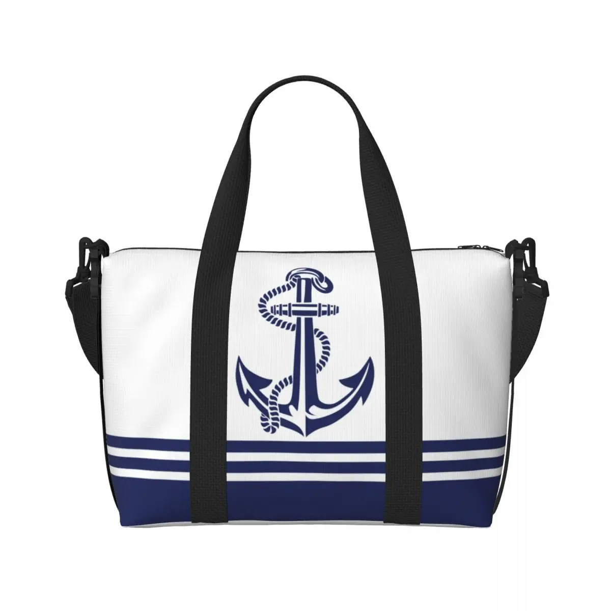 Custom Navy Blue Stripes Nautical Anchor 5 Beach Tote Bag Women Large Compartment Beach Gym Travel Bags