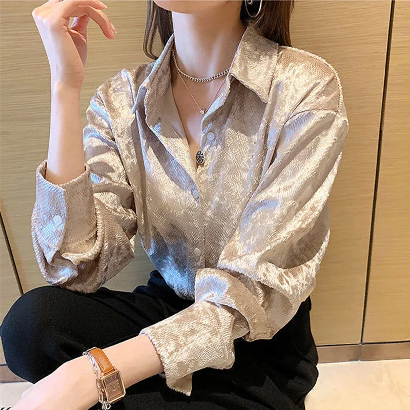 Korean Chic Bright Solid Color Single-breasted Blouse Female Casual Long Sleeve Polo-Neck All-match Shirt Women\'s Clothing New