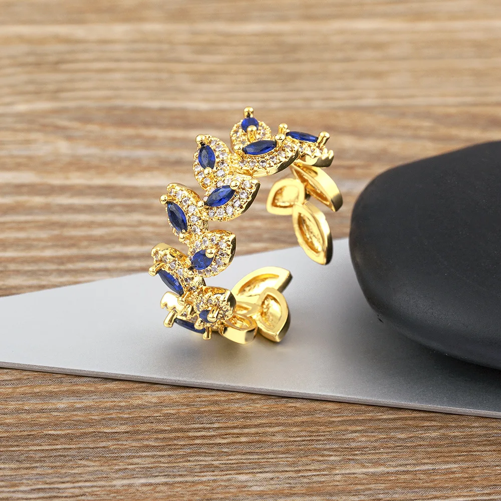 

European and American wide face tree leaf shaped inlaid with colored zircon geometric opening personalized ring for women