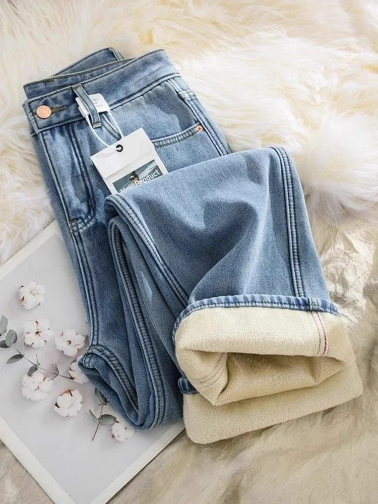 

Женские джинсы с высокой талией, на флисовой подкладке, утепленные, широкие, в ретро-стиле, с карманами, осенне-зимние, модные