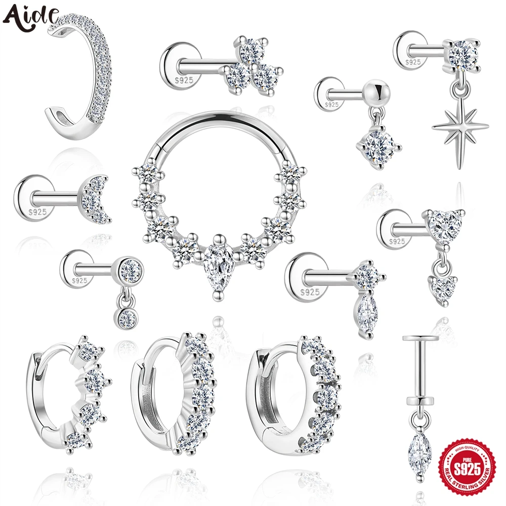 Aide S925 Sterling Silber Moissanit Piercing Ohrstecker Silber Farbe Handgefertigte Ohrringe für geschichtetes Juwel Valentinstagsgeschenk