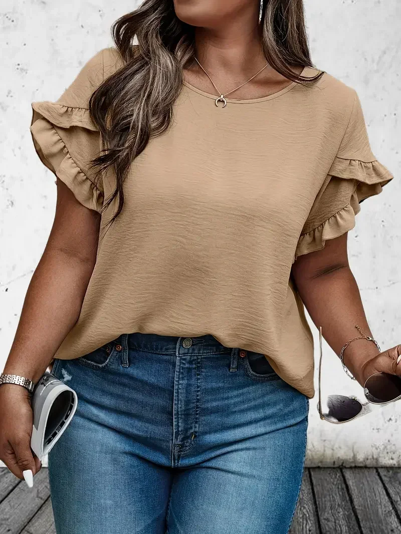 Весна-лето, женская футболка больших размеров 1XL-5XL с рюшами, женская однотонная повседневная футболка с подхватыми цветами, женская одежда с коротким рукавом