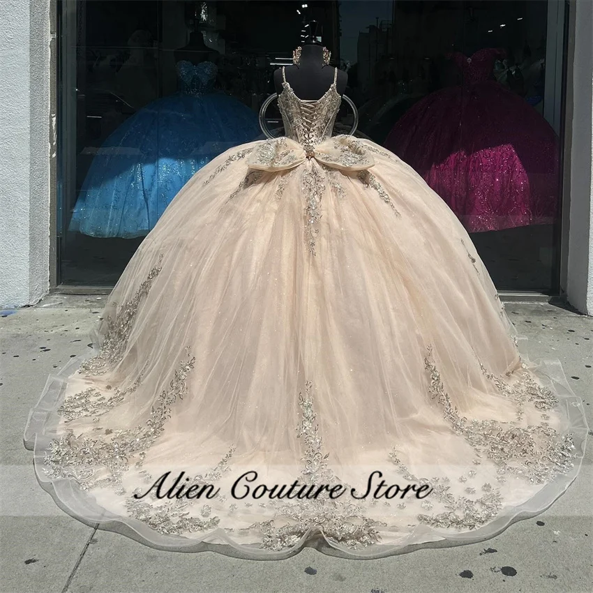 Новые платья Quinceanera, бальное платье 2024, с бантом и цветочной аппликацией, на бретельках, платье на день рождения, Vestidos по индивидуальному заказу