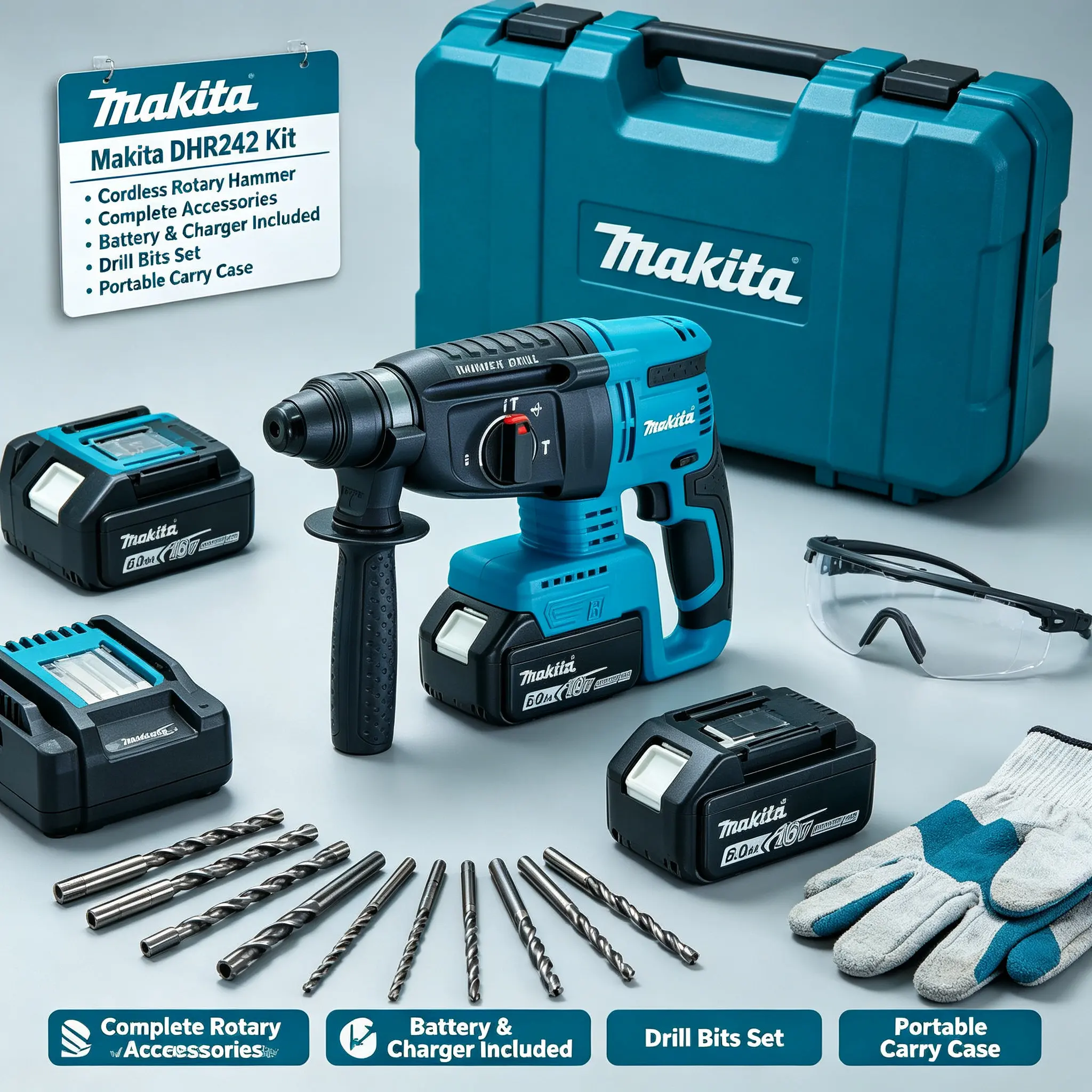 Original Makita DHR242 18V Schlagbohrhammer, geringe Vibrationsstufe von 13,5 m/s² sorgt für komfortables Handling bei wiederholenden langen Bohrarbeiten in Stein und Beton.