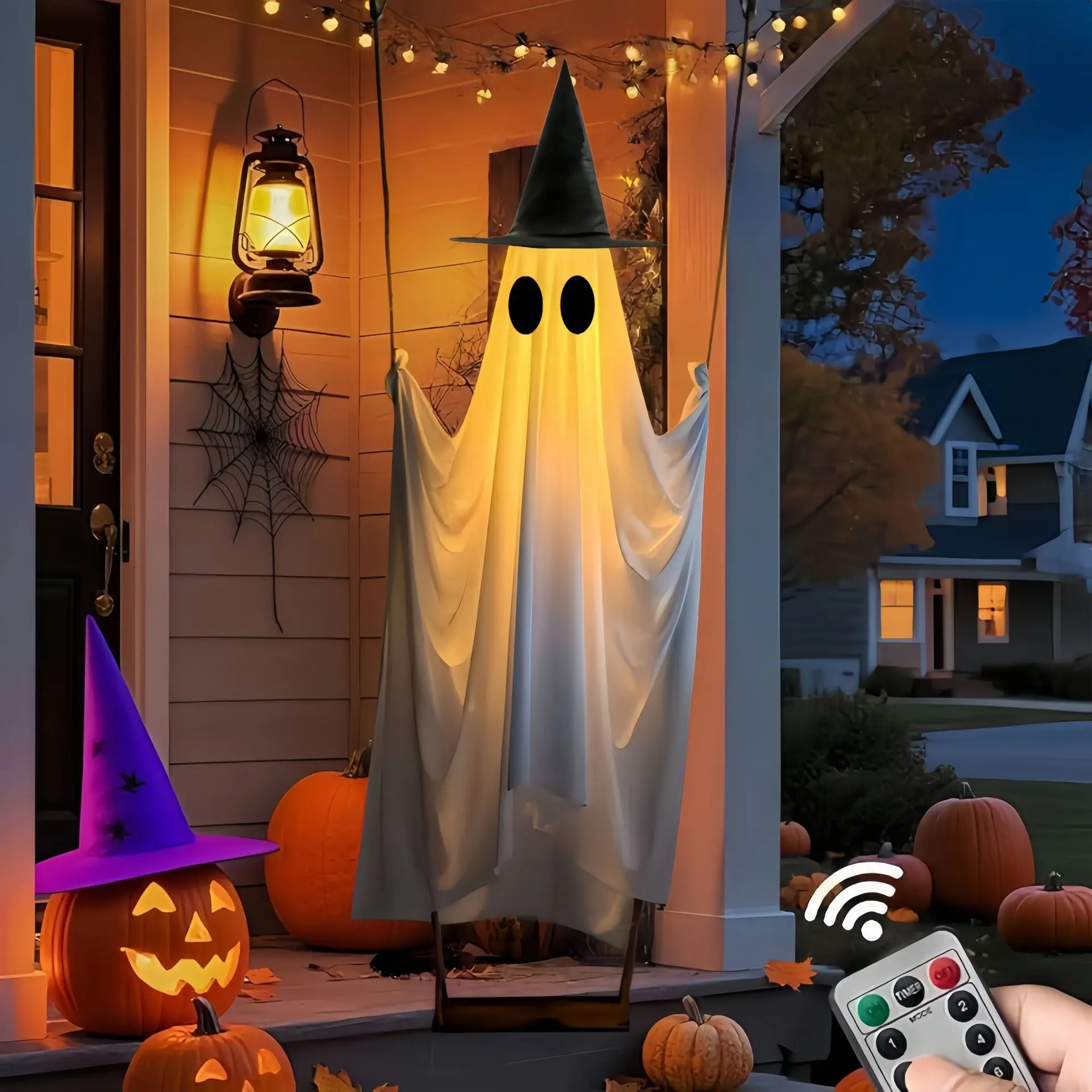 Halloween-Schaukelgeist-Hängedekoration, niedliche leuchtende Geisterdekoration für die Veranda, den Hof, die Terrasse, gruselige Feiertagsdekoration für den Außenbereich