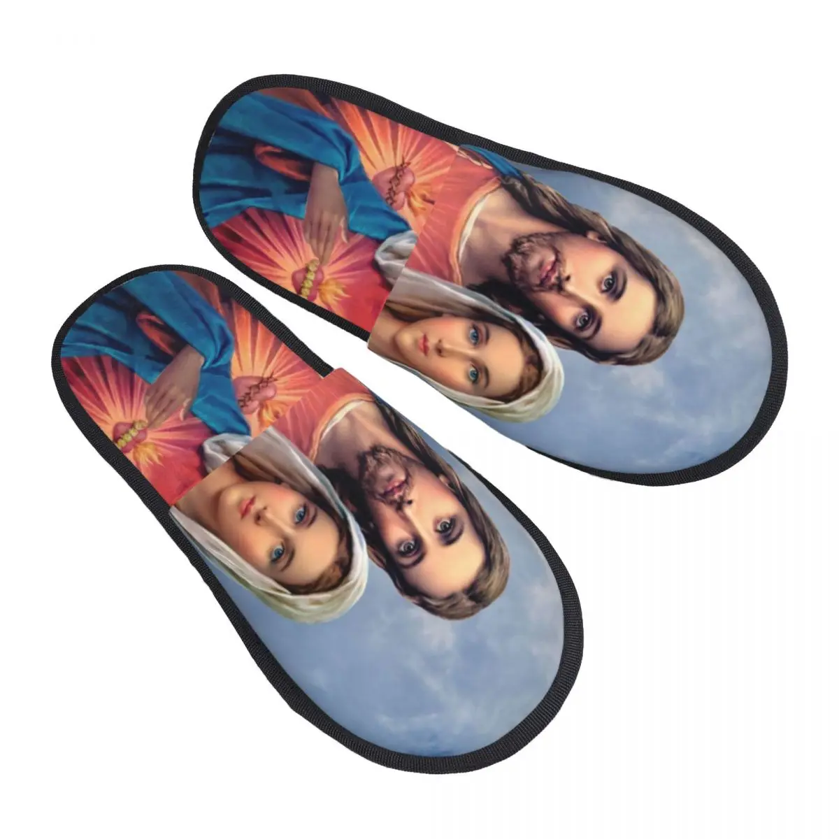 

Sacred And Immaculate Hearts Guest Slippers for Bathroom Women Custom Print Catholic Jesus and Mary House Slipper