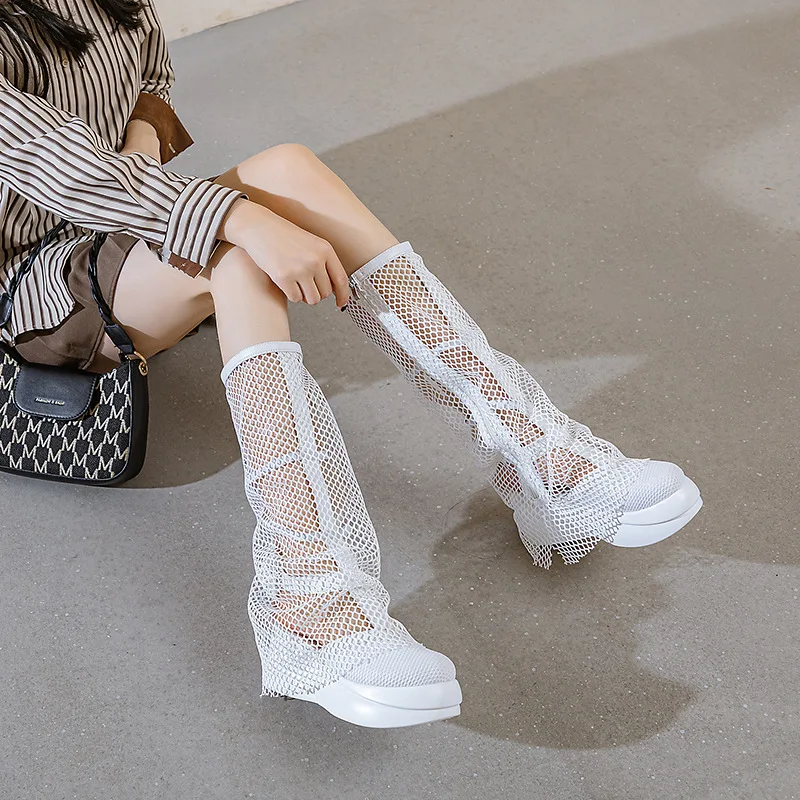 Fujin 6cm Air Mesh Sandals Women Knee High Boots Thick Heels Round Toe ZIP Summer Hollow Platform Wedge Fashion Breathable Shoes