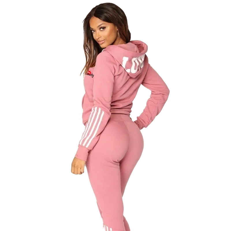 Women\'s striped printed zippered hooded sweatshirt and pants set sportswear Women\'s two-piece jogging sportswear