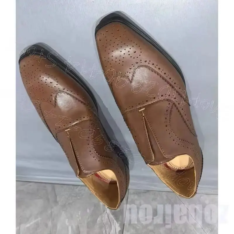 

Brown Carving Design Square Toe Men Loafers Fashion Slip On Men Shoes Luxury Handmade Party Feast Office Dating Men Dress Shoes