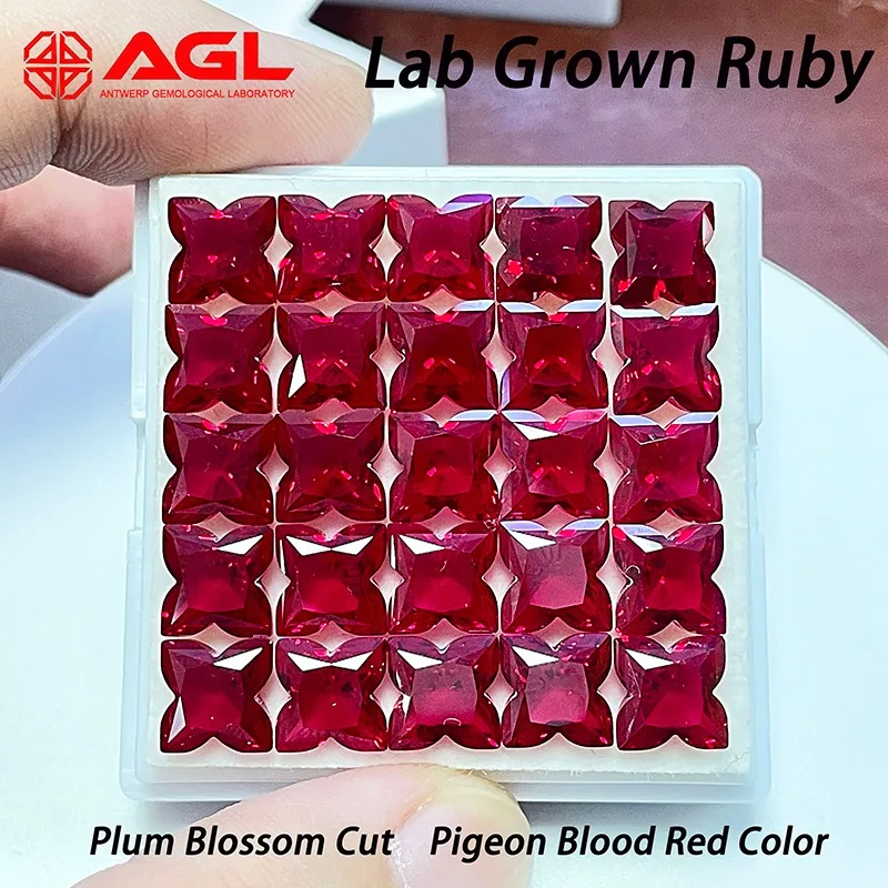 

Lab Grown Ruby Plum Blossom Cut Pigeon Blood Red Color DIY Charms Jewelry Making Main Materials Selectable AGL Certificate