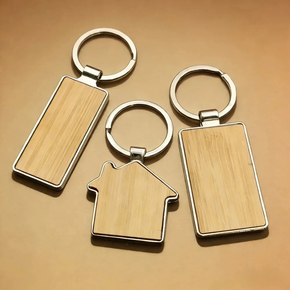 Fashion DIY Bag Car Rectangular Circular Keychain Wood Leather Laser Engrave Keyring Handmake Men Women Metal Accessory Gift