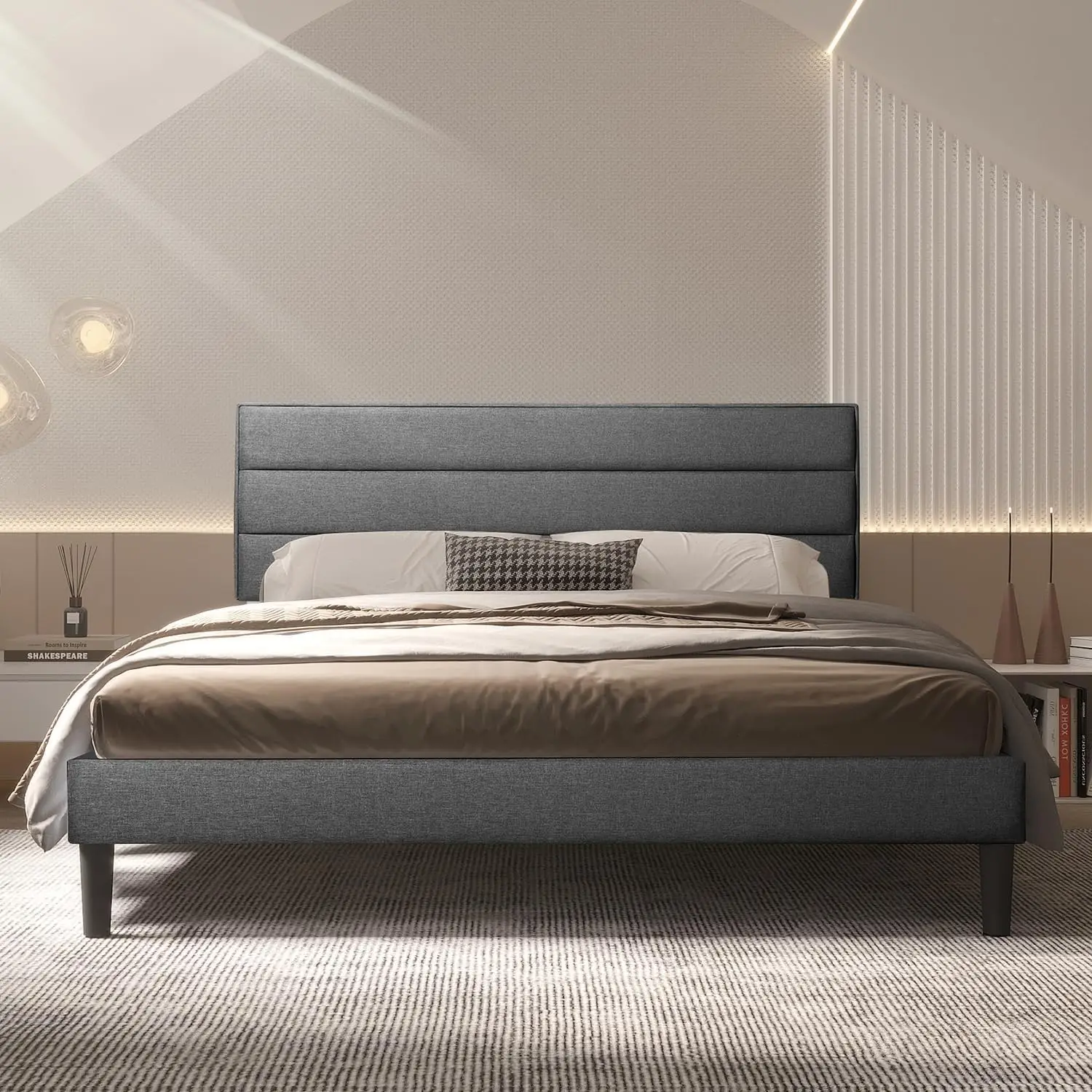 Full Size Grey Color Modern Low Profile Upholstered Bed Frame with Tufted Headboard