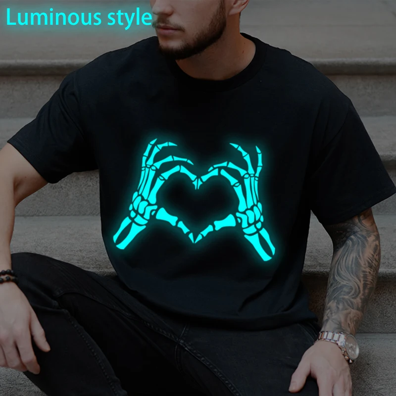 

Vintage Skull Heart Print Men Women Tshirts Summer New Skeleton Luminous Style Fashion Short Sleeve Tops Crewneck Male T-shirts