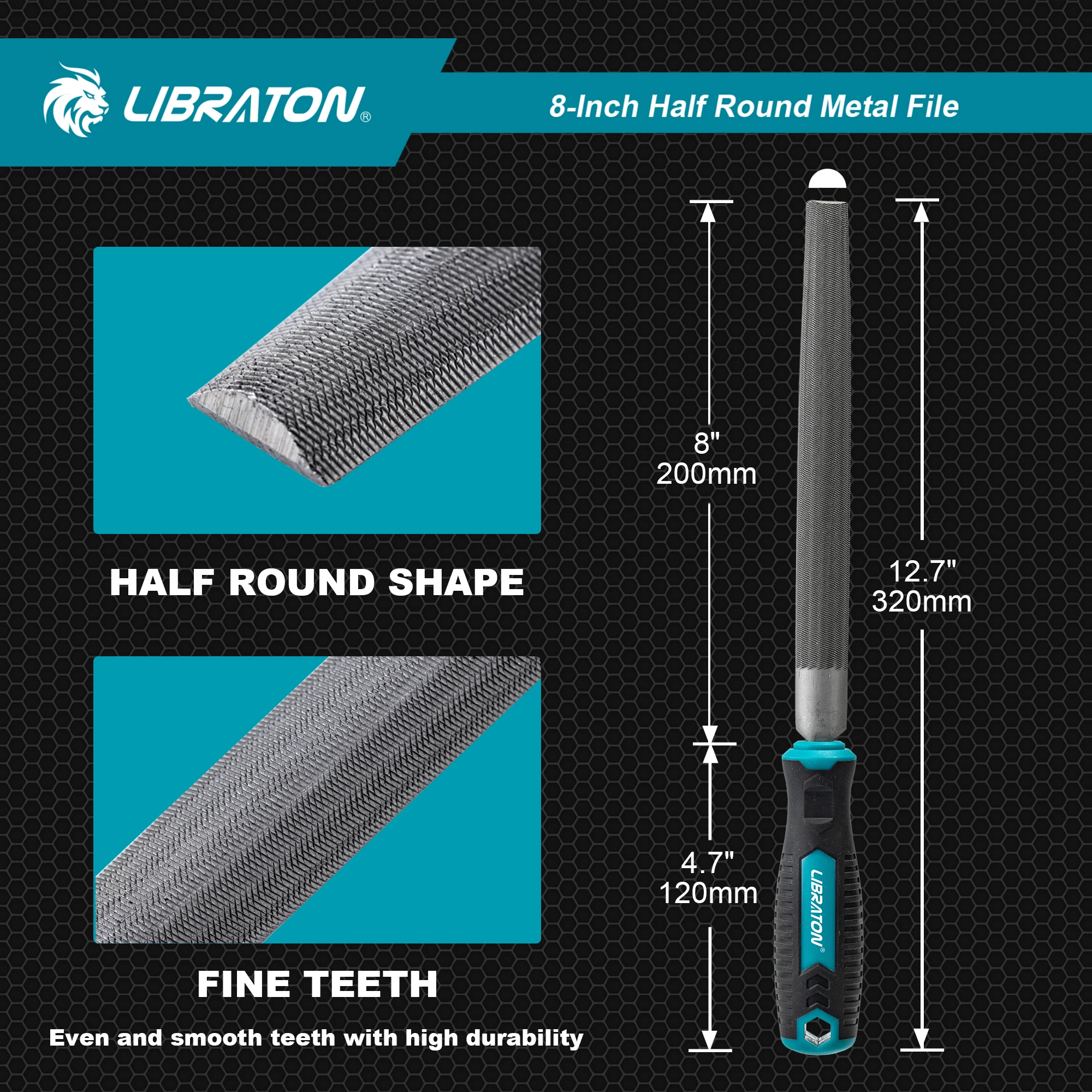 LIBRATON 8-Inch Half Round File High Carbon Steel Metal File Tool for Metal Wood Plastic Hand Tool for Refining Shaping Scraping