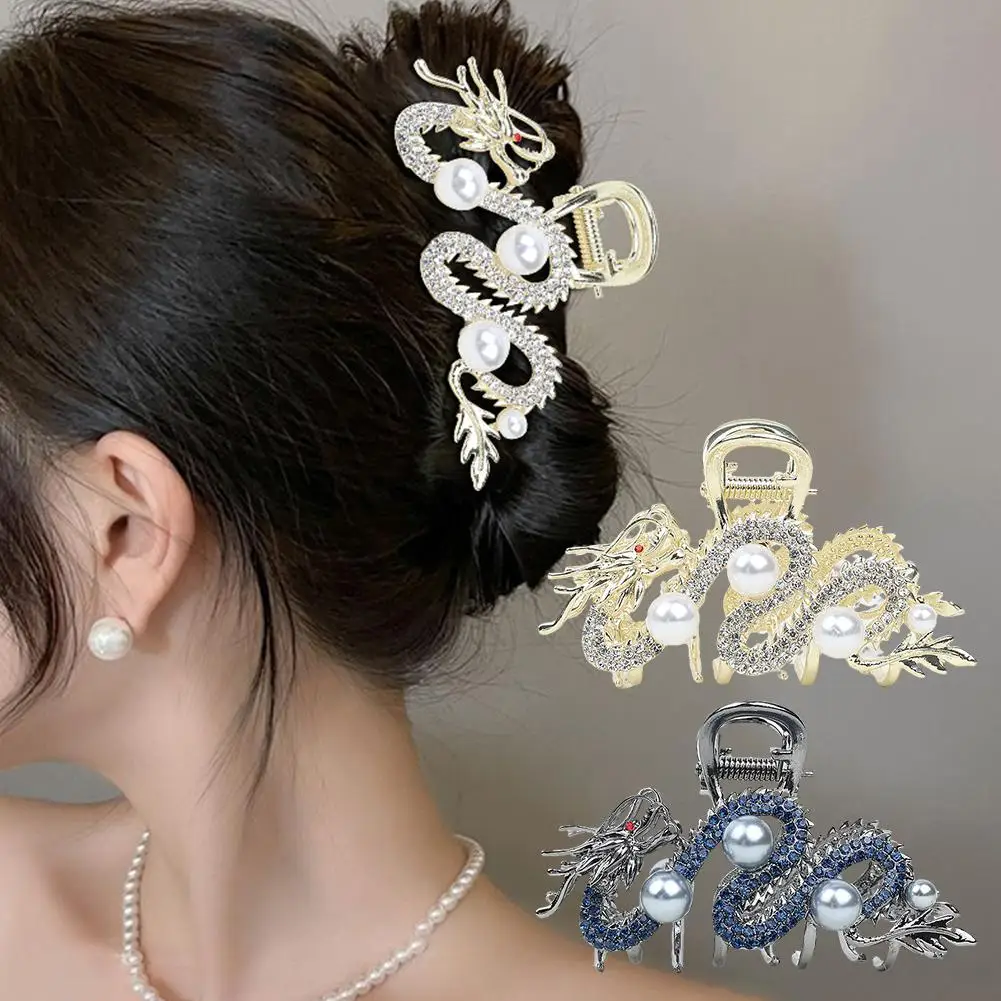 Forcina per capelli con artiglio per capelli in metallo blu drago grande con perle fermagli per capelli in metallo drago cinese accessori per capelli Barrette