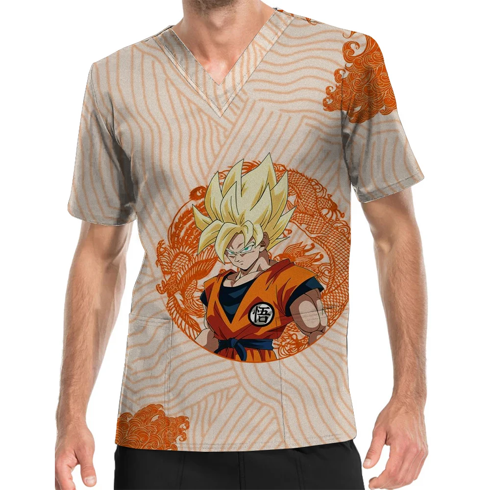 Men's Short Sleeve V-Neck Tops Hospital Nursing Work Clothes Dragon Ball Series Printing Pet Shop Ophthalmology Work Uniforms