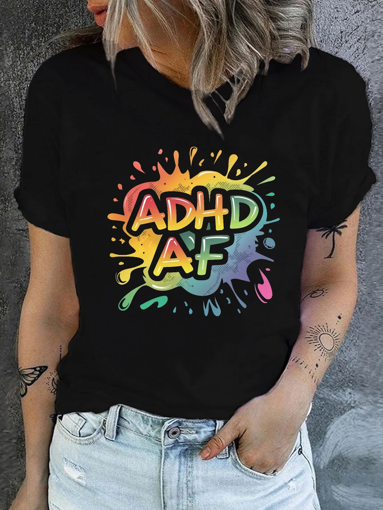 

ADHD AF Print Crew Neck Casual Short Sleeve for Spring Summer Women's Clothing Summer Short Sleeved Harajuku Streetwear Tops Tee