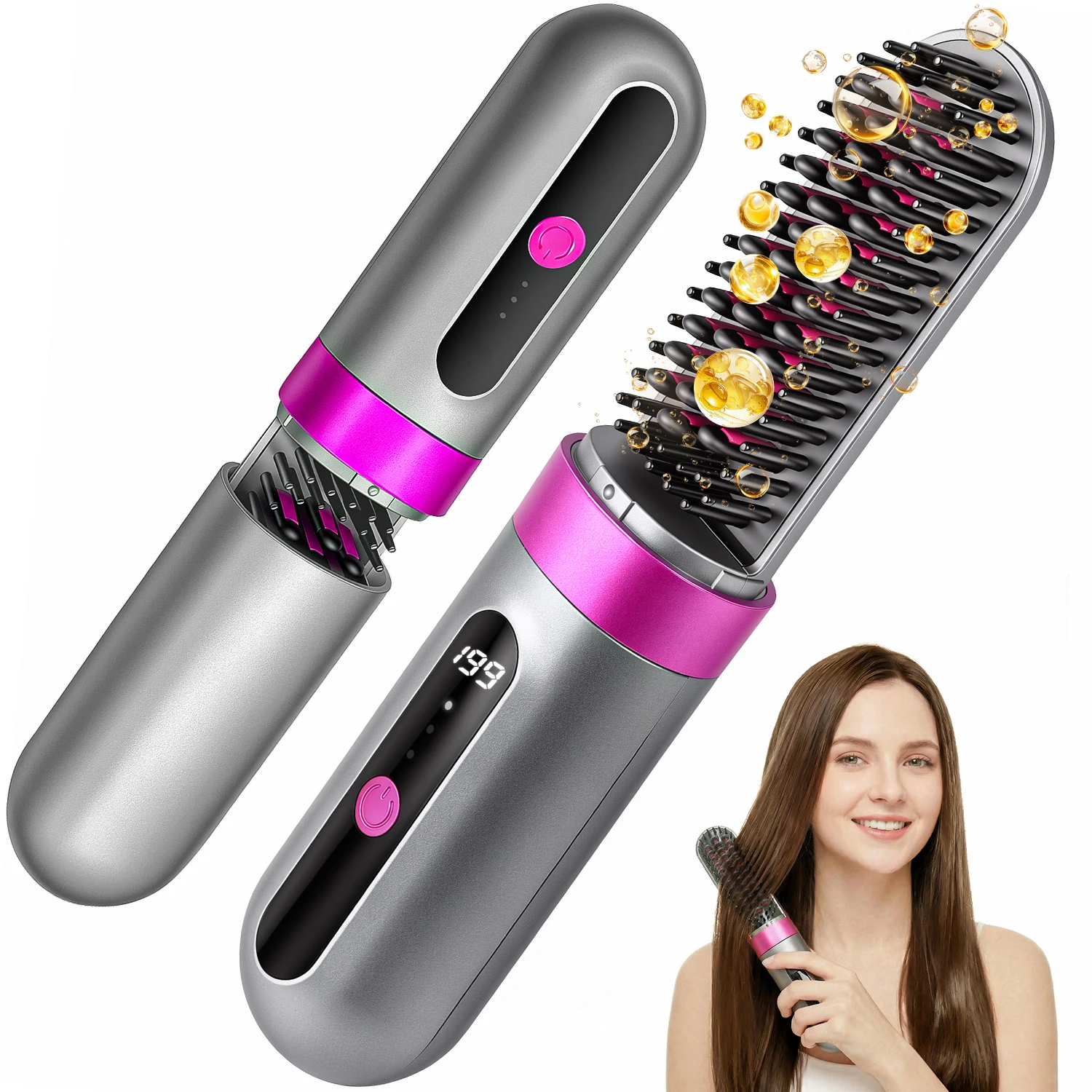 Cordless Cordless Hair Straightener Brush, Portable Ionic Anti-Frizz Hair Straightening Comb with 3 Temperature Settings, Fast Heating, 4000mAh Type-C Rechargeable Travel Hair Styling Tool - Aliexpress Deal