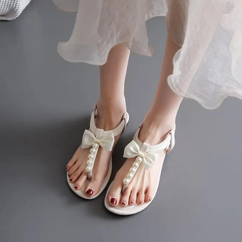 Footwear Beige Summer 2024 No Heel Diamond Women\'s Shoes Flat Rubber Sandals for Woman Flip-flops Bow Rhinestones Asian Size H F