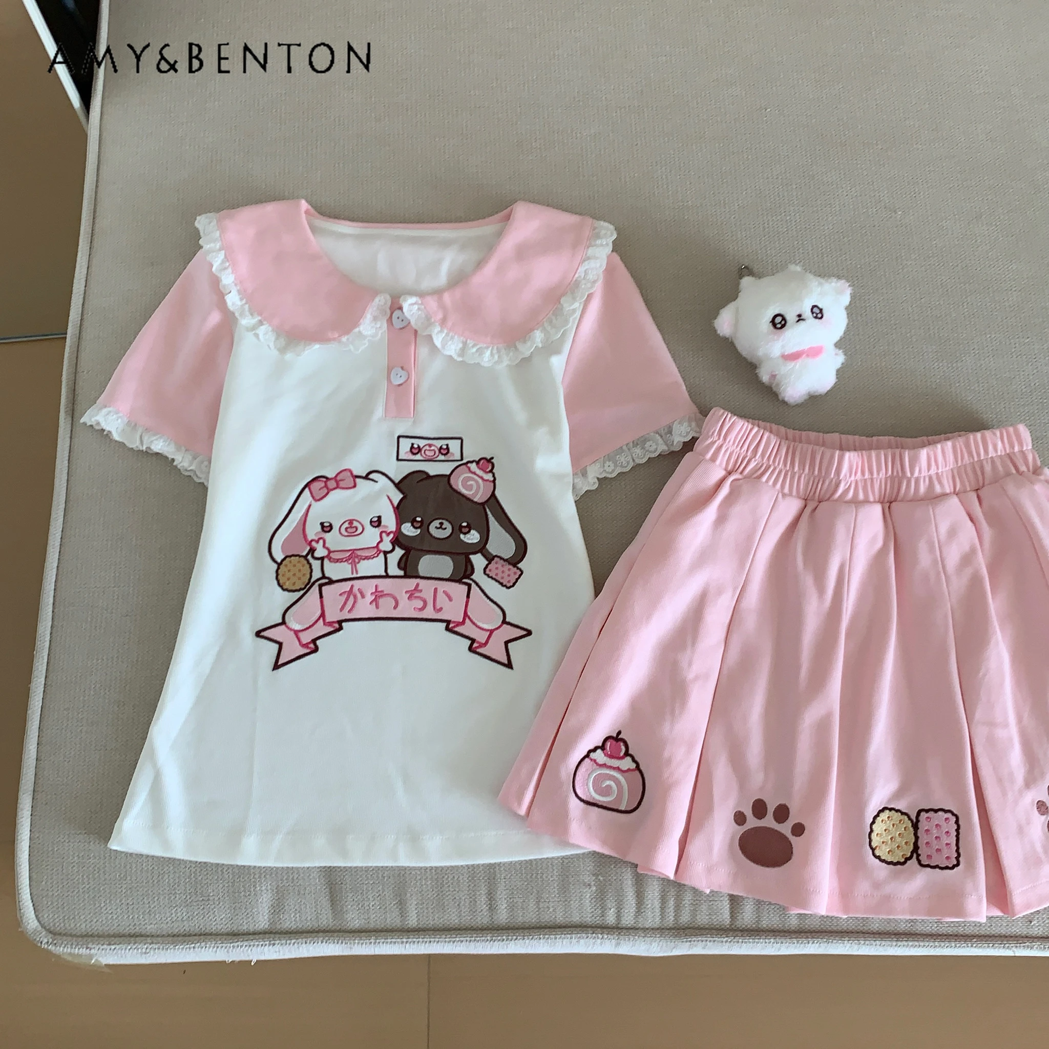 

Милый универсальный кукольный воротник с вышивкой для тяжелой промышленности, топ с короткими рукавами, плиссированная юбка, комплект из двух предметов, летние розовые комплекты Kawaii для девочек