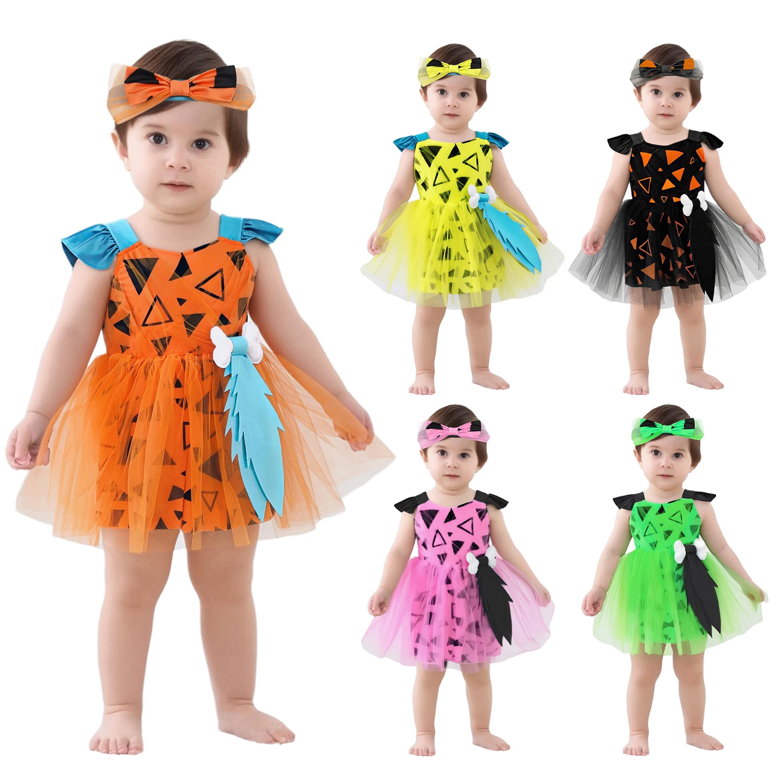 

Toddler Baby Girls Caveman Cavegirl Cosplay Costume Halloween Historical Stone Age Hominid 3D Bone Mesh Tutu Dress with Headband